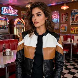 Blouson de motard en cuir véritable pour femme, col montant, fermeture éclair, style color block, court - Product Image 5