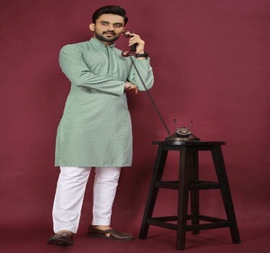 Soft <b>silk</b> <b>kurta</b> for men with classic Lucknow style embroidery traditional ethnic wear for festive and special occasions - Product Image 3