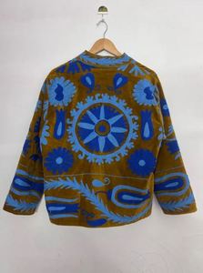 Brown Elegant Velvet Embroidered Jacket Long Sleeve Mandarin Collar Loose Fit Geometric Pattern Autumn Wear Vintage <b>Boho</b> Style - Product Image 3