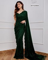 Sari en georgette de luxe festif, orné de broderies de sequins lourds et d'une bordure ajourée, avec un chemisier en soie, pour femmes, vêtements ethniques.