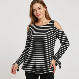 Haut à manches longues rayé pour femme, col rond, tricoté, 100 % coton, décontracté, collection printemps-été, Bangladesh - Product Image 2