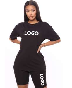 Ensemble deux pièces d'été tricoté 100 % coton pour femme avec logo personnalisé, chemise et short décontractés, services OEM ODM - Product Image 1