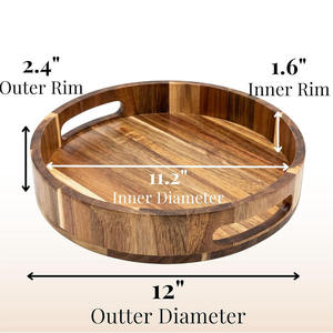 Plateau de service rond en bois d'acacia ALTAMASH CRAFT A/C 520 avec poignées latérales, design floral et fruité moderne pour la cuisine et la table à manger - Product Image 2