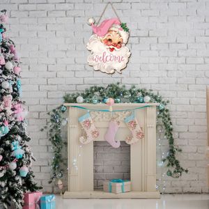 Insegna Natalizia in Legno da Appendere, Cartello di Benvenuto Rosa con Babbo Natale per Interni ed Esterni, Decorazione per Porta d'Ingresso e Parete - Product Image 2