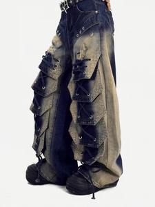 Jean cargo en denim pour homme, coupe ample et oversize, délavé et déchiré, style streetwear, taille haute, patchwork, automne, coton - Product Image 5