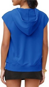 Sudadera con capucha de manga corta para mujer, top informal de punto de algodón de color liso con bolsillos, azul - Product Image 3