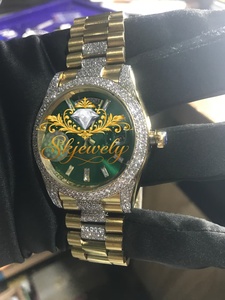 Montre à cadran vert avec diamants, bracelet bicolore, montre-bracelet avec lunette en strass, style mécanique tendance - Product Image 3