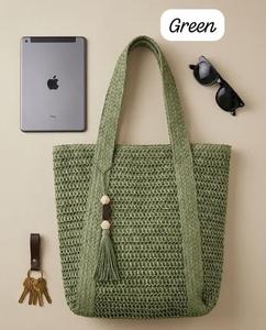 Green Woven <b>Straw</b> Tote <b>Bag</b> Large Capacity Shoulder Handbag Tassel Zipper Closure for Beach Travel Daily Use - Product Image 1