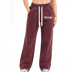 Pantalones de pierna recta de color liso con cintura elástica, estilo casual, a la moda, con bolsillos laterales, joggers de pierna ancha para mujer, al por mayor - Product Image 1