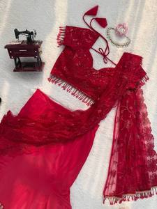 ชุดเลเฮนกาสีแดงสำหรับงานปาร์ตี้ พร้อมเสื้อคลุม ผ้าเนื้อยืด ไม่ยับ แห้งเร็ว ใส่ได้สองด้าน ความยาวระดับข้อเท้า - Product Image 4