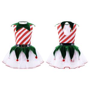 4-16 rojo niños niñas Navidad Ballet leotardo disfraz sin mangas estampado a rayas <span class=keywords><strong>con</strong></span> campanas Pom tutú vestido competición baile vestido - Product Image 1