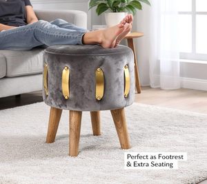 Velvet Round Golden Multiple Strip Ottoman Office Stool Foot Rest Stool Linen Fabric Padded Seat <b>Pouf</b> Ottoman with Round Shape - Product Image 3