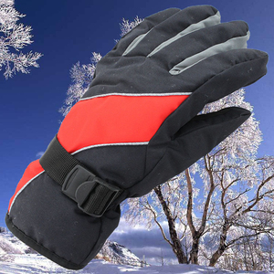 Gants de ski d'hiver à doigts complets, isolés thermiquement, coupe-vent, en nylon, pour sports de plein air, unisexe, fermeture à boucle, rouge et noir à panneaux - Product Image 1