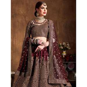 Charmant sequins marron en soie brute réception porter Lehenga Choli - Product Image 4
