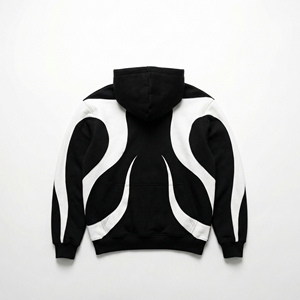Sudadera con Capucha Black Flame Panel Hoodie con Aplique de Llama Blanca Intensa, Bolsillo Canguro |   Ropa Urbana Premium OEM / Marca Privada - Product Image 2