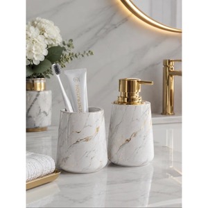 New Arrival Marble Bathroom Set 2-Piece Round Soap Dispenser <b>Toothbrush</b> Holder Luxury Style Easy To Clean - Product Image 1
