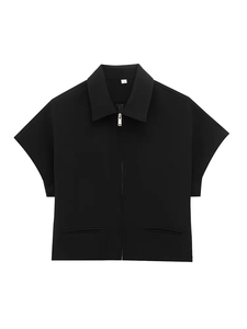 Ensemble 2 pièces pour femmes, short et pantalon large à fermeture éclair, noir uni, style minimaliste, toutes saisons, manches courtes, sans col, séchage rapide - Product Image 2