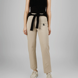 Pantalones Casuales de Otoño para Mujer, Color Beige, Ajustados, de Cintura Alta, Largos hasta el Tobillo, Tejido de Punto con Patrón Geométrico Ecológico, Logotipo en la Cintura - Product Image 1