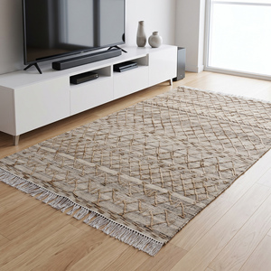 Tapis en jute naturel tissé à la main texturé, moderne, antidérapant, beige crème, motif géométrique losanges, tapis plat à franges - Product Image 4