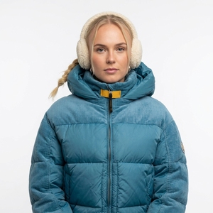Chaqueta acolchada azul con capucha, manga larga, cremallera, abrigo corto de invierno para mujer, color sólido, relleno de poliéster. - Product Image 3