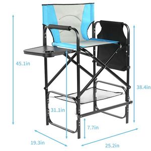 31\" Tall Portable Bar Height Directors Chair with <b>Footrest</b> and Cup Holder 4-Fold Camping Chair with Side Table Storage - Product Image 1