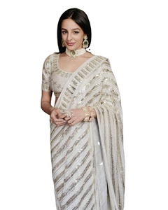 Sari élégant en Georgette Modal Viscose avec broderie de sequins, longueur ras du sol, infroissable, pour femmes, de Shree Indian Exports - Product Image 1