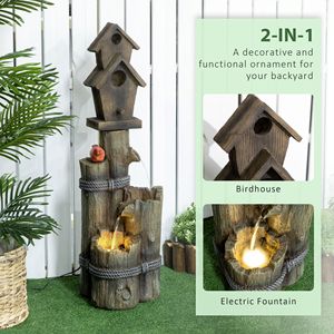 Fontana a Cascata per Uccelli a 3 Livelli in Pietra Rustica Moderna con Illuminazione LED e Casetta per Uccelli da Veranda - Product Image 4