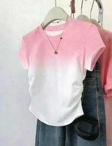 Camiseta Corta de Mujer con Bloques de Color Degradado, Cuello Redondo, Manga Corta, con Bordado de Lazo, Ropa Casual de Verano - Product Image 3