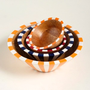 Handmade Wooden <b>Bowls</b> Set with Colorful Stripe Pattern for Food Serving Party Use Modern Design - Product Image 1