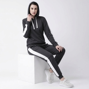 Women's Dark Gray Hooded <b>Tracksuit</b> <b>White</b> Side Stripes Full Sleeve Casual Sportswear Breathable Polyester Winter Wear Plus Size - Product Image 1