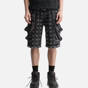 Shorts cargo imprimés noirs pour hommes avec plusieurs poches, taille mi-haute, fermeture élastique, style streetwear - Product Image 2