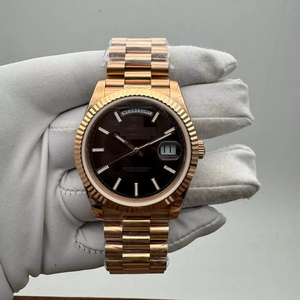 Montre Hip Hop de luxe automatique en or rose de haute qualité, cadran chocolat, lunette cannelée, acier inoxydable, mouvement ETA - Product Image 1