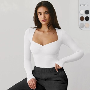 Body de Manga Larga con Cuello Cuadrado para Mujer, Ajustado, de Color Sólido, Tejido de Punto, Transpirable, Estilo Minimalista, para Todas las Temporadas - Product Image 1