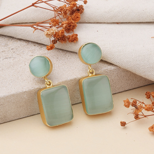 Handmade 18K <b>Gold</b> Plated Brass Green Glass Stone Drop <b>Earrings</b> Minimalist <b>Dangle</b> <b>Earrings</b> for Women Wedding Party & Gift - Product Image 2