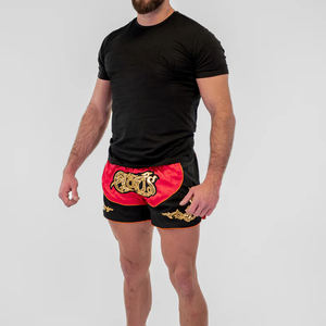 Shorts de fitness en satin taille mi-haute élastiques pour Muay Thai avec logo imprimé numériquement sur le devant pour la boxe et les arts martiaux - Product Image 4