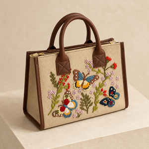 Bolso Tote de Lona Personalizado con Bordado de Moda Global HINDVANTA, Cierre de Cremallera, Diseño Floral de Mariposas, Forro de Cuero PU, para Uso Diario de Mujeres - Product Image 3