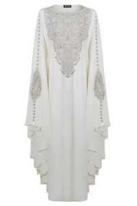 Abaya blanche florale perlée à col montant, coupe ajustée, broderie, manches longues, longueur ras du sol, modeste, en polyester, style Moyen-Orient, pour femme, Aïd - Product Image 3