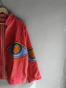 Hand Embroidered Red <b>Velvet</b> <b>Jacket</b> with Eye Pattern Stand Collar Full Sleeve Autumn Women's <b>Jacket</b> GIFT FOR HER - Product Image 5