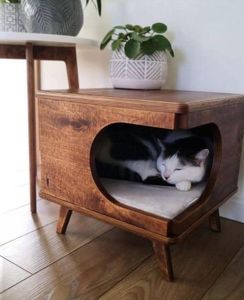 Casa para Gatos Moderna de Madera Ecológica e Impermeable, Cama de Lujo Tipo Cueva para Mascotas, Mesa Auxiliar para Perros, Caja para Dormir para Gatitos en Interiores - Product Image 1