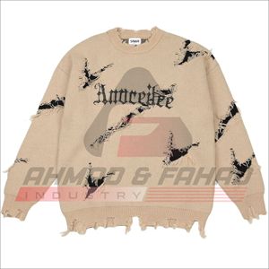 Pull en tricot orange surdimensionné à manches longues, col rond, style punk avec motif de lettres noires, design délavé pour homme - Product Image 2