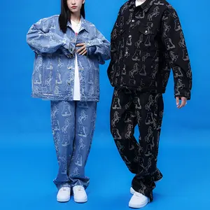 Unisex blue jean two piece set allover jacquard print custom denim jeans and jackets sets for men blue jean jacket and pants set