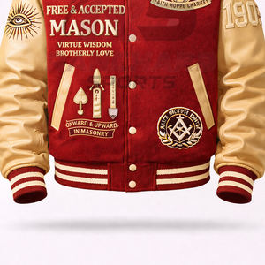 Chaqueta Universitaria Personalizada de Estilo Masónico – Cuerpo de Lana Premium con Mangas de Cuero PU y Símbolos Bordados - Product Image 3