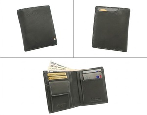 [Top Product] Castello Genuine Cowhide Soft Leather <b>RFID</b> Vertical Unisex Bi-fold <b>Wallet</b> W/coin Pocket Short Polyester Black - Product Image 1
