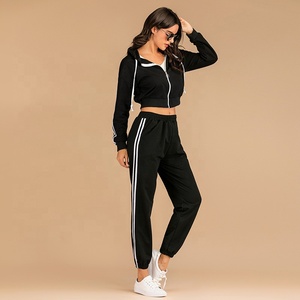 Women sportswear stitching stripe tracksuit zipper crop top <b>hoodie</b> with matching yoga pants - Product Image 3