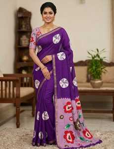 <b>Purple</b> Cotton <b>Saree</b> With Floral And Bandhani Print Zari Border Traditional Indian Wear For Women Casual Wear All Seasons - Product Image 1