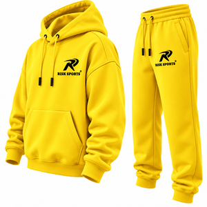Conjunto Deportivo de Invierno para Hombre, Sudadera con Capucha Amarilla y Logotipo Personalizado, Pantalones Deportivos de Algodón para Gimnasio - Product Image 3