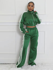 Women's Gray Track <b>Suit</b> Set Loose Fit Solid Color Sporty Two Piece Outfit With Side Stripe Full Length Pants And <b>Short</b> Top - Product Image 2