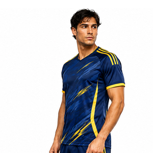 Camiseta de Fútbol para Hombre con Estampado Geométrico Azul y Amarillo, Manga Corta, Cuello Redondo, Poliéster que Absorbe la Humedad, Ajuste Atlético, para Todas las Temporadas - Product Image 5