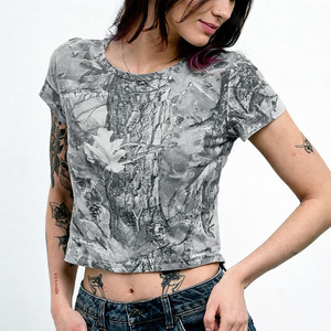 Low MOQ Retro Style Women Vintage Washed Camo Crop T Shirt Slim Fit Soft Cotton Blend Street Style Y2K Casual women's shirt USA - Product Image 4