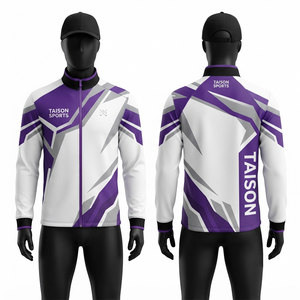 Veste de golf pour homme en polyester interlock premium 280 GSM, design à panneaux blanc, violet et gris, logo personnalisé OEM ODM - Product Image 1